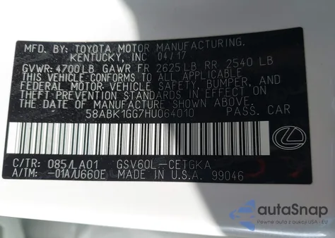 2017 Lexus Es 350 z USA, uszkodzony, nr VIN 58ABK1GG7HU064010